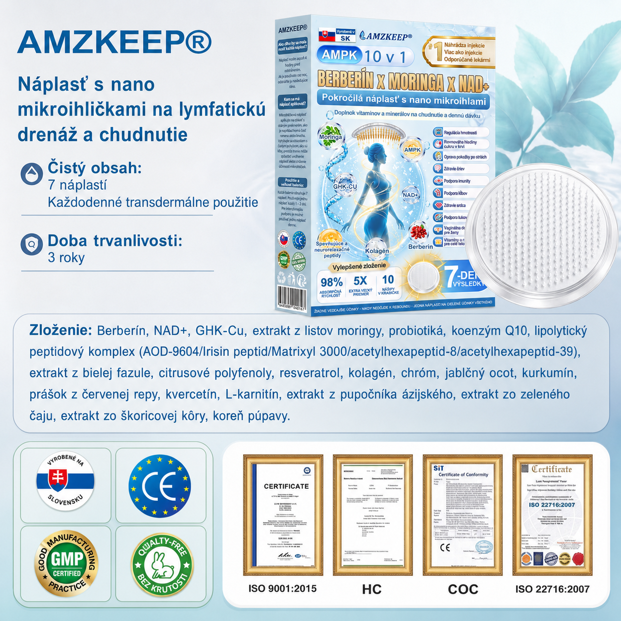 🇸🇰 AMZKEEP® Moringa · Berberín × NAD+ 10 v 1 — Nano mikroihličková náplasť pre podporu metabolizmu, energie a kontroly hmotnostiJedna náplasť denne · Podpora chuti do jedla, pokožky, spánku a každodennej vitality